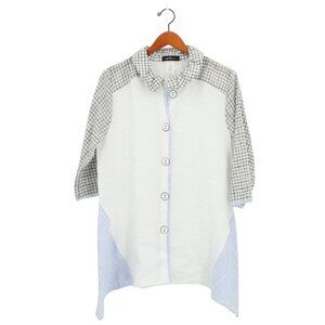 Yushi Gauzy Black White Check Collared Button Front Asymmetric Tunic Top M